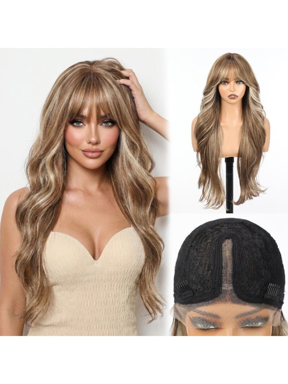26-Inch Long Wavy Lace Front Wig with Bangs - Brown & Blonde Highlights